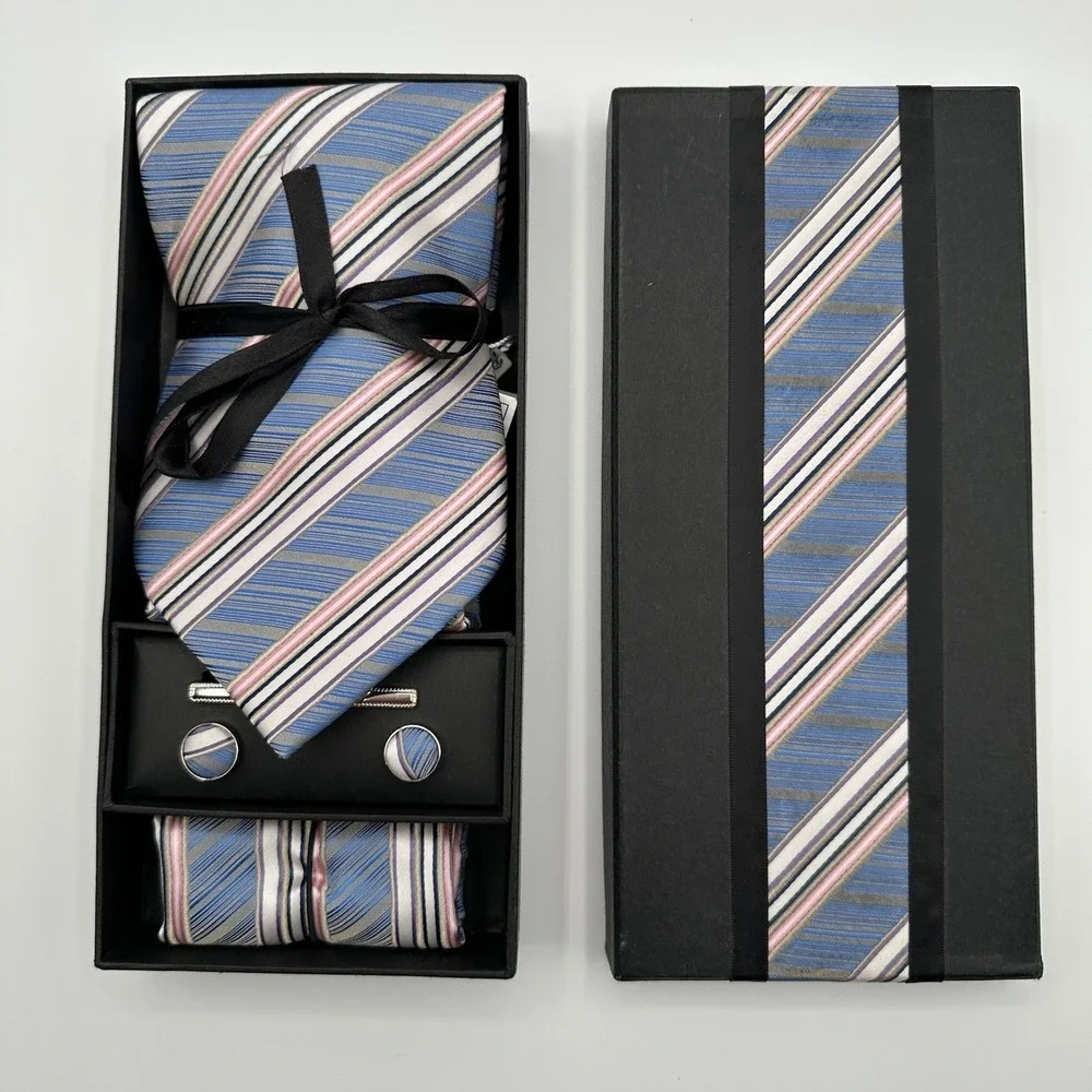 Handmade Italian 100% Silk Tie Set Blue Stripe Necktie Cufflinks Tie Clip Square